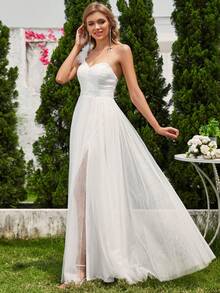 Elegant Asymmetric One Shoulder High Slit Mesh Wedding Dress - White - View 4