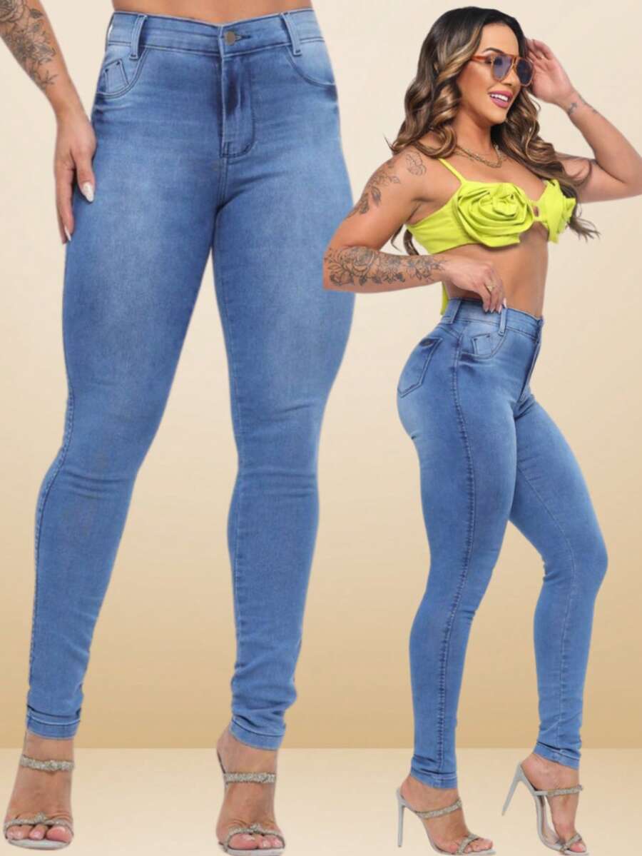 Calça Jeans Fem. Clara Premium Modela Levanta Bumbum Cós Cintura Alta Skinny c/ Elastano Com Lycra
