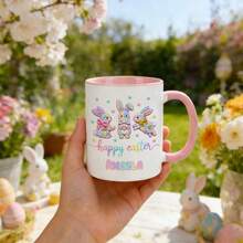 1pc, 11oz Customized Easter Bunny & Floral Text Ceramic Mug, Cute & Sweet, Suitable As Gift For Girlfriend, Valentine's Day, Best Friend, Mom, Family, Pink Or Black Mug, Father's Day, Birthday, Appreciation - All Black - View 24