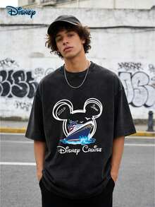 Disney Cruise Line T-Shirt With Mickey Mouse Ears Graphic And "2026 JOHN" Text; Men Clothes,Y2k Clothes, Men's Casual Sports T-Shirt, Retro Washed Mickey Mouse Printed T-Shirt (230 Pure Cotton T-Shirt), Comfortable And Fashionable, Streetwear,Matching Outfits For Couples, Perfect Gift - màu đen - Xem 1