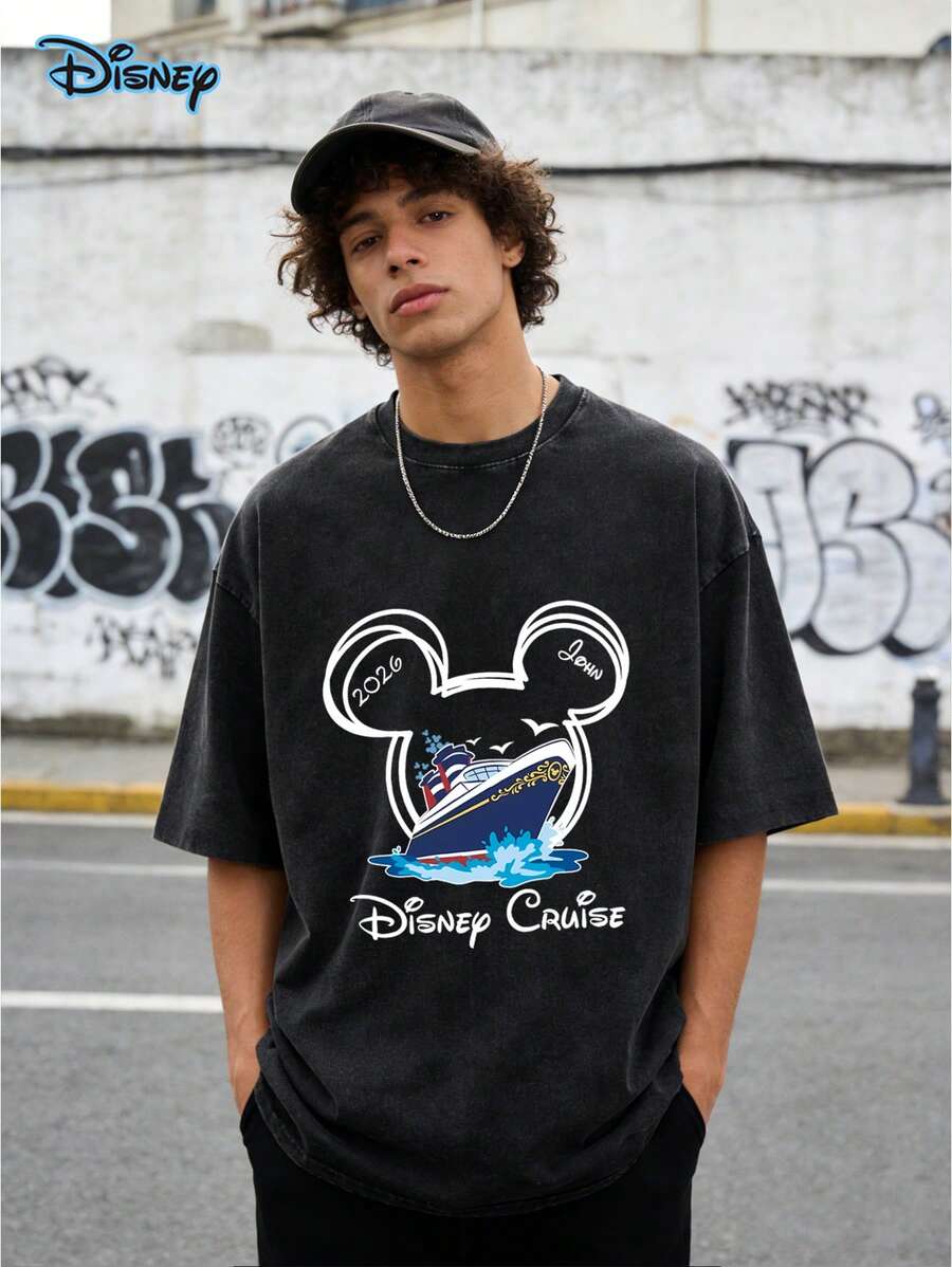 Disney Cruise Line T-Shirt With Mickey Mouse Ears Graphic And "2026 JOHN" Text; Men Clothes,Y2k Clothes, Men's Casual Sports T-Shirt, Retro Washed Mickey Mouse Printed T-Shirt (230 Pure Cotton T-Shirt), Comfortable And Fashionable, Streetwear,Matching Outfits For Couples, Perfect Gift - màu đen - Xem 1