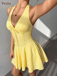 Soulscape Petite Women's Elegant Spaghetti Strap Mini Dress, Deep V-Neck Design With Adjustable Tie Back, Fitted A-Line Silhouette, Suitable For Summer Garden Parties, Outdoor Photography, Vacation, And Daily Sightseeing - Yellow - View 3