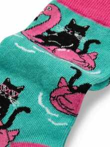 1双黑色猫咪和火烈鸟游泳图案男士中筒袜，春夏款 - 淺藍色 - 查看 4