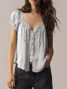 Women's Sweetheart Neck Puff Short Sleeve Blouse Lace Trim Button Front Relaxed Fit Boho Peasant Top - Light Blue - View 1