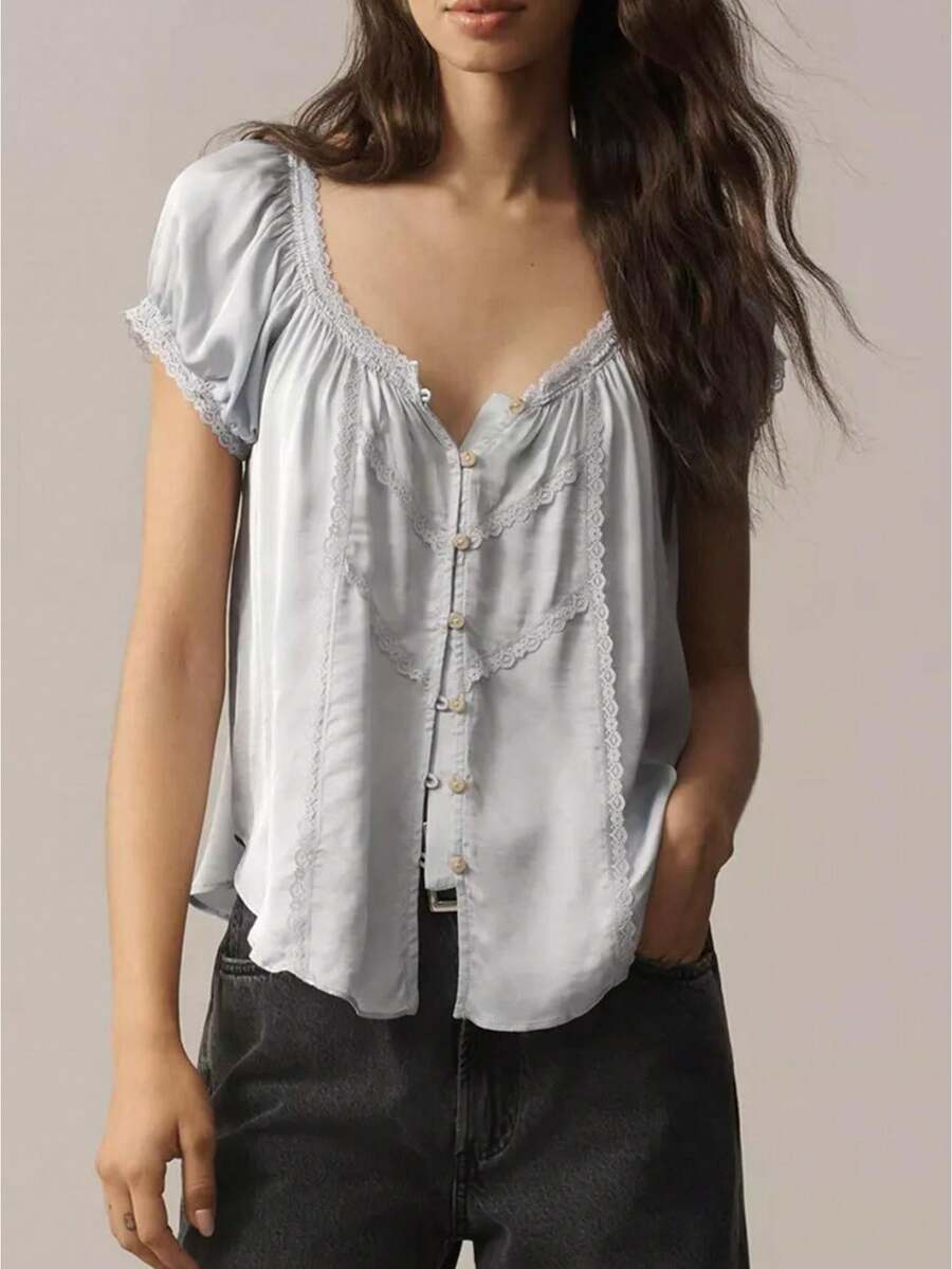 Women's Sweetheart Neck Puff Short Sleeve Blouse Lace Trim Button Front Relaxed Fit Boho Peasant Top - Light Blue - View 1