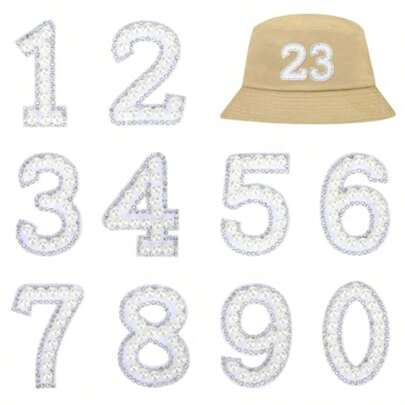 White Pearl Iron On Numbers 10 PCS White Number Patches With Pearl Appliques For DIY Team Uniforms Sports T-Shirts Hats Bags Jeans Jackets Clothing Backpack Number 0-9 Birthday Party Gift