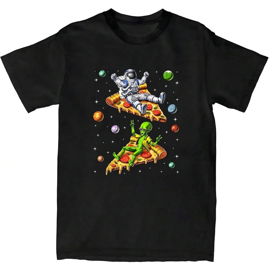Astronaut Alien Pizza Space Planets Funny Aliens Pizza Lover T-Shirt - 黑色 - 查看 1