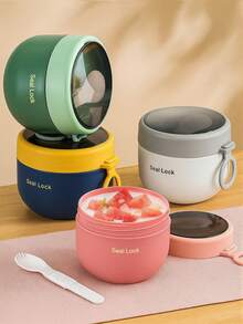 1 Set Overnight Oats Container With Lid, Portable Breakfast Cup & Soup Bowl, 21.12 Oz, Includes Plastic Spoon, Reusable, PP Microwave , For Overnight Oats Or Oatmeal Breakfast, Suitable For School, Office, Camping (Random Color) - Multicolor - View 1