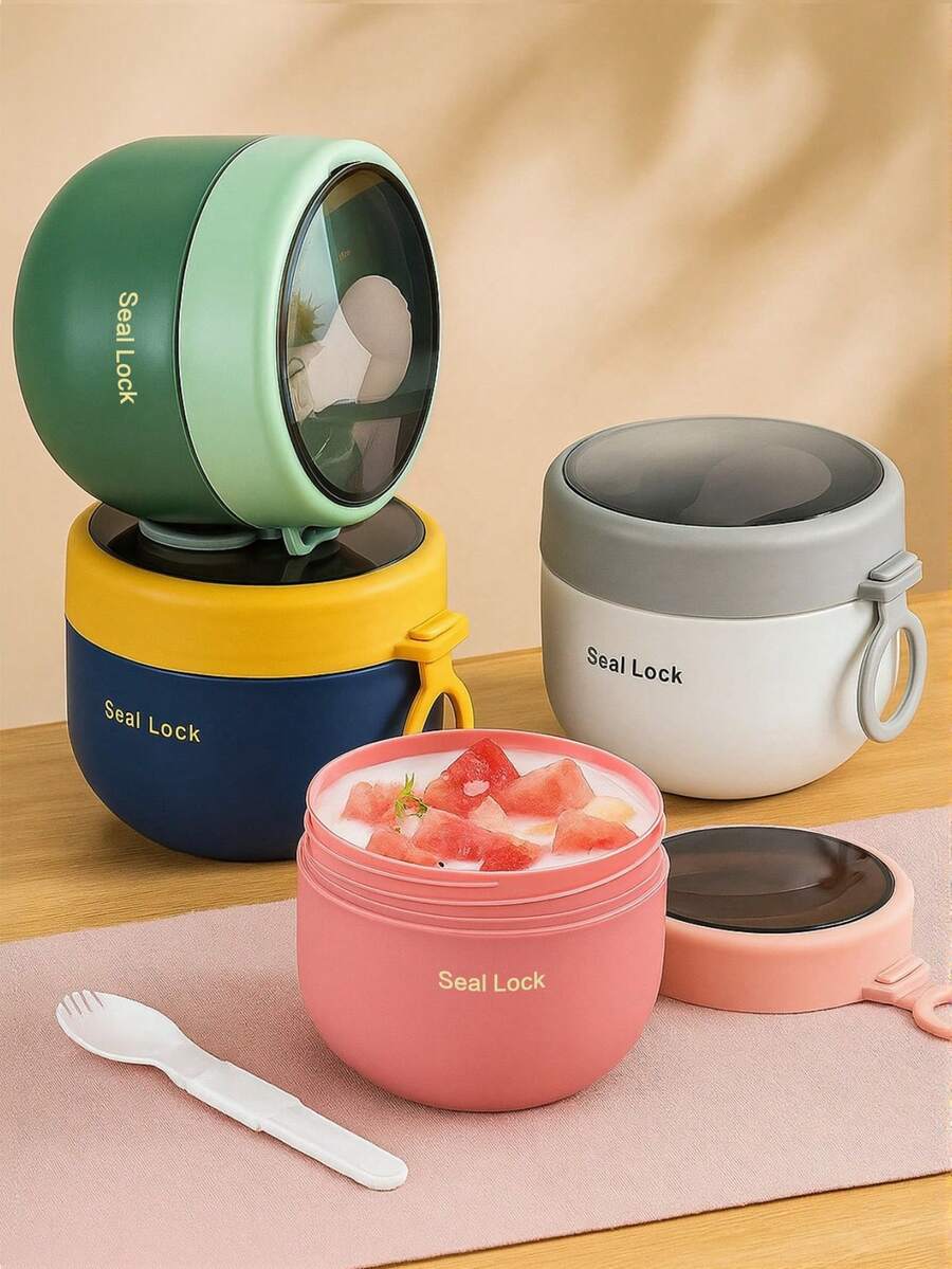1 Set Overnight Oats Container With Lid, Portable Breakfast Cup & Soup Bowl, 21.12 Oz, Includes Plastic Spoon, Reusable, PP Microwave , For Overnight Oats Or Oatmeal Breakfast, Suitable For School, Office, Camping (Random Color) - Multicolor - View 1