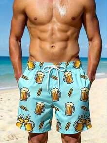 Pantalones cortos de playa casuales con estampado total y cordón en la cintura para hombres - Multicolor - Ver 1