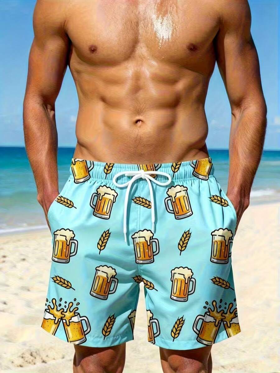 Pantalones cortos de playa casuales con estampado total y cordón en la cintura para hombres - Multicolor - Ver 1
