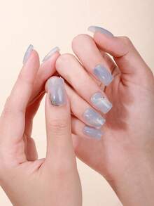 16片极简冰蓝色半固化凝胶美甲贴，金色箔片点缀，奢华风格自粘凝胶美甲全贴，易于美甲，沙龙品质，女士居家DIY美甲贴纸。 - 霧霾藍 - 查看 4