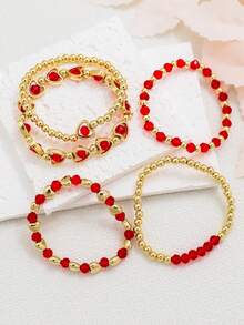 Bộ 5 chiếc vòng tay charm hình trái tim nhiều lớp màu đỏ kiểu cổ điển, thích hợp cho phụ nữ đeo trong ngày Valentine hẹn hò, quà tặng dành cho người yêu. - Đỏ - Xem 4