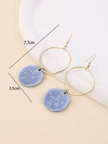 一对独特的中国风陶瓷圆形吊坠搭配超大金属耳环，高端品质，女士度假/派对/日常佩戴耳环 - 藍色 - 查看 4