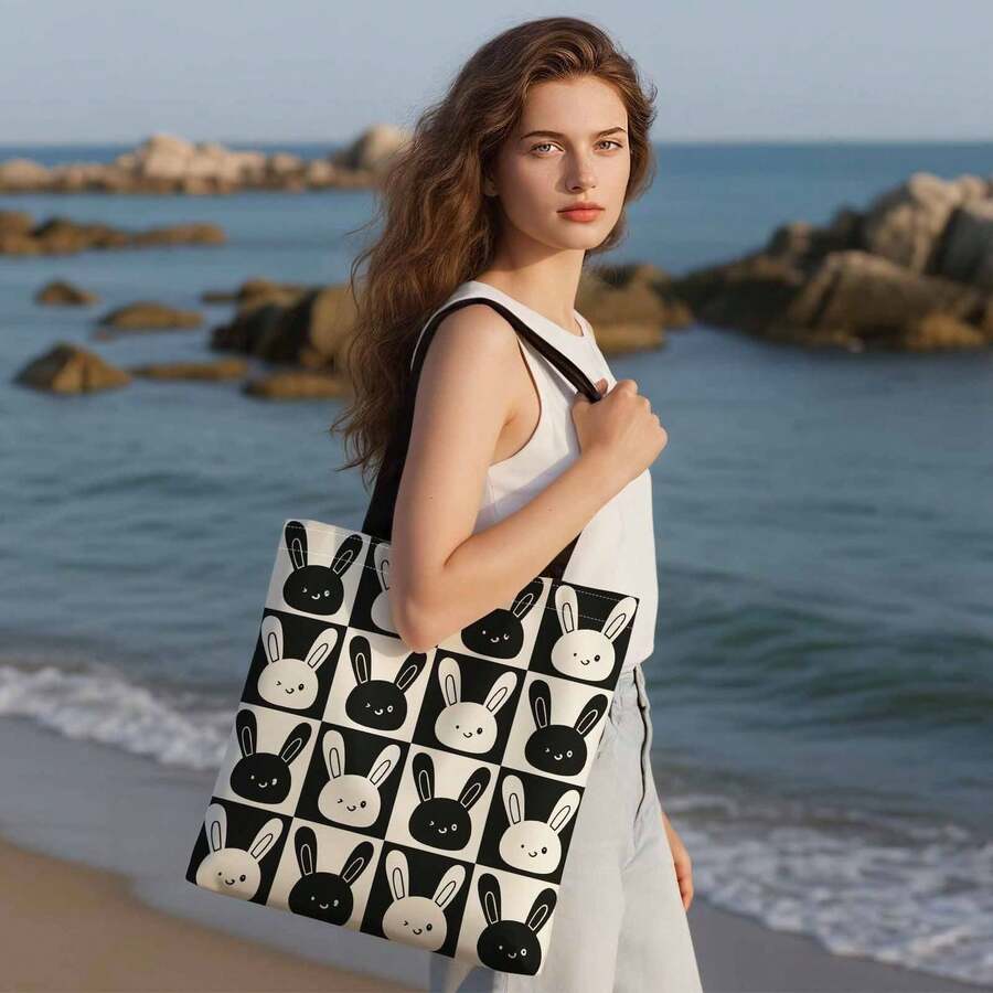 Bolso de hombro portátil, con patrón de conejo negro y blanco, adecuado para viajes, almacenamiento de cosméticos, vacaciones, decoración del hogar, regalos, picnics y reuniones familiares