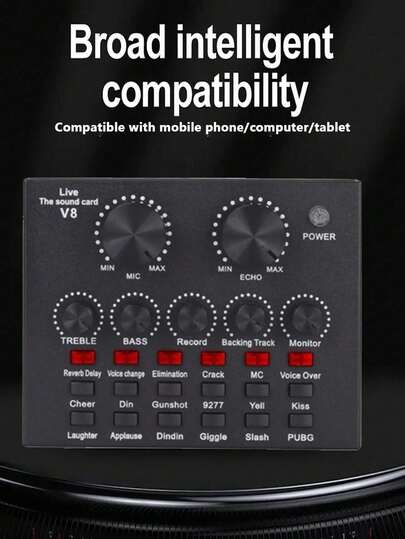 Placa de Som V8 com Mixer em Tempo Real e Múltiplos Efeitos, Ideal para Conversores de Áudio USB Recarregáveis, Perfeita para Gravação de Alta Qualidade, Canto, Streaming e Jogos.