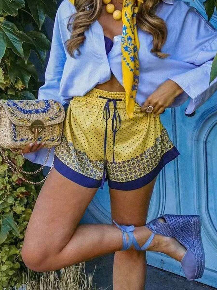 Quần short nữ thời trang mùa hè mới, họa tiết chấm bi nhuộm tie-dye phối màu tương phản, kiểu dáng thường ngày, thích hợp cho kỳ nghỉ. - Nhiều màu - Xem 1