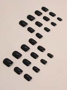 48片装女士美甲贴套装 - 24片手部贴片和24片脚部贴片，黑色哑光方形人造指甲，手工美甲贴纸，夏季礼物，可爱美甲设计，美甲用品 - 黑色 - 查看 3