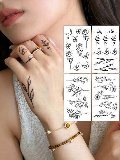 STARTTOOS Delicate Multi-Pattern Finger Temporary Tattoos, Y2K Line Art, Butterfly, Floral, Star, Feather Wing Designs, DIY For Carnival, Valentine's Day, Party Gifts, Suitable For Fingers, Ears, Shoulders, Neck, Collarbones, And Small Body Areas