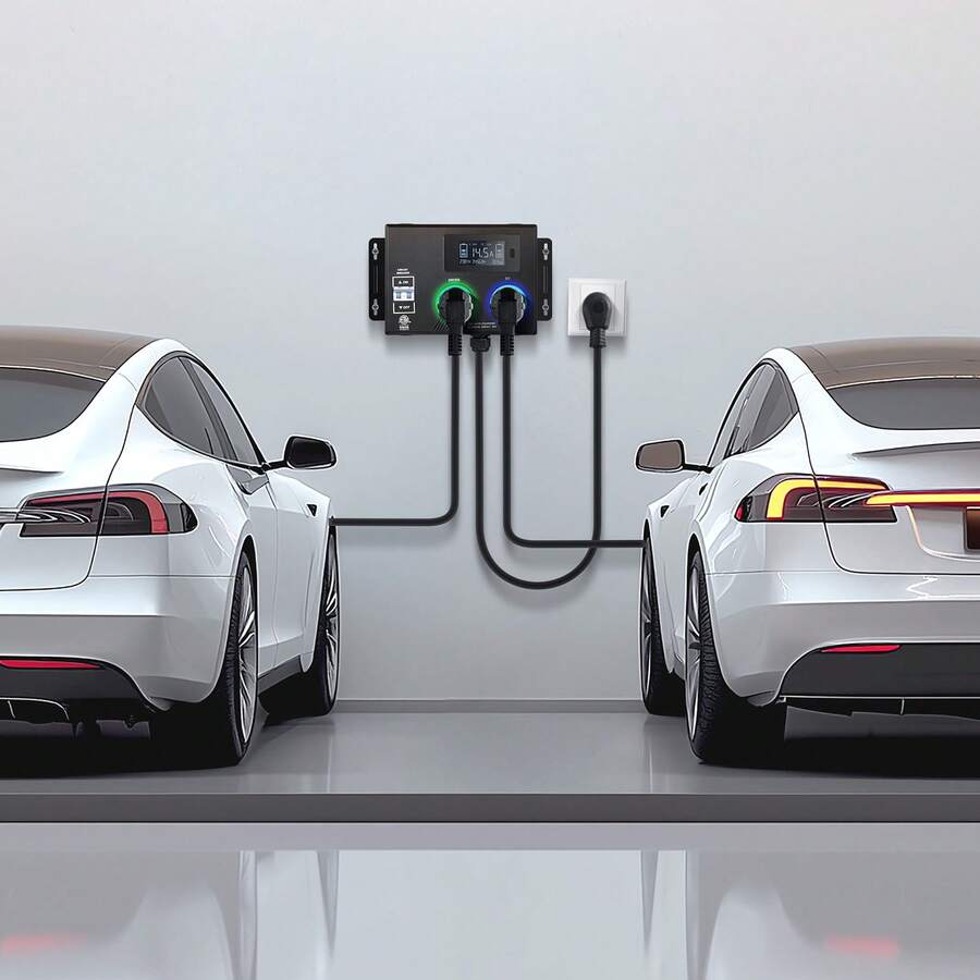 Divisor para secadora y vehículo eléctrico, indicador LED de 3 colores, distribución de energía inteligente de 240 V, con enchufe NEMA 10-30, dos tomas de corriente NEMA 10-30, pantalla LCD de 3,4 pulgadas, máx. 24 A para secadora y vehículo eléctrico, probado según el estándar ETL - Negro - Ver 1