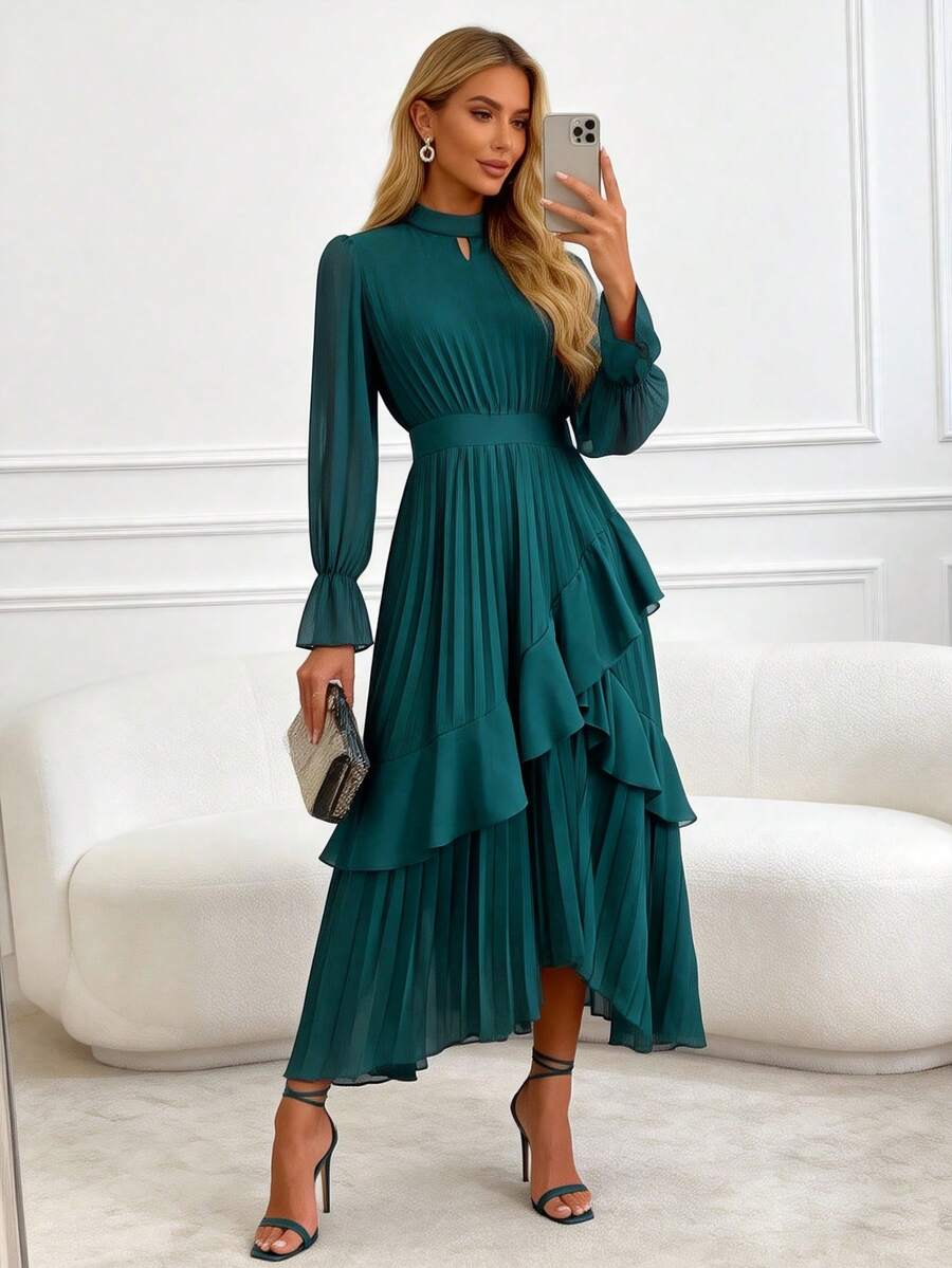 Elegante vestido de noche formal de unicolor con volantes asimétricos/asimétricos de varios niveles - Verde Oscuro - Ver 1