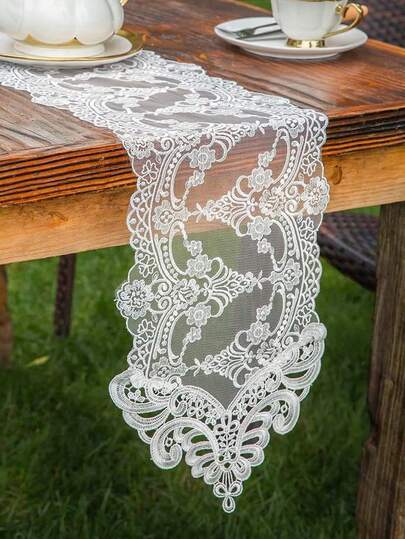 1pc White Lace Table Runner,Vintage Rustic Table Runner For Wedding Bridal Shower Baby Shower Party Decorations Embroidered Boho Lace Table Cloth Runners,Exquisite Vintage Shabby Chic For Birthday Holiday Long Dinner Tables,Center Decoration Of The Dining Table,Party Decorations, Party Supplies