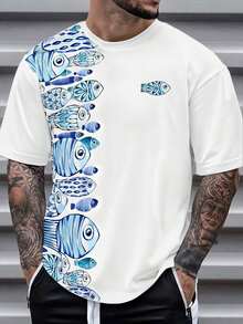 Men's Ocean Fish School Print Casual Short Sleeve Top - Multicolor - View 1