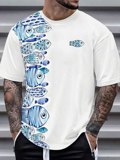 Men's Ocean Fish School Print Casual Short Sleeve Top