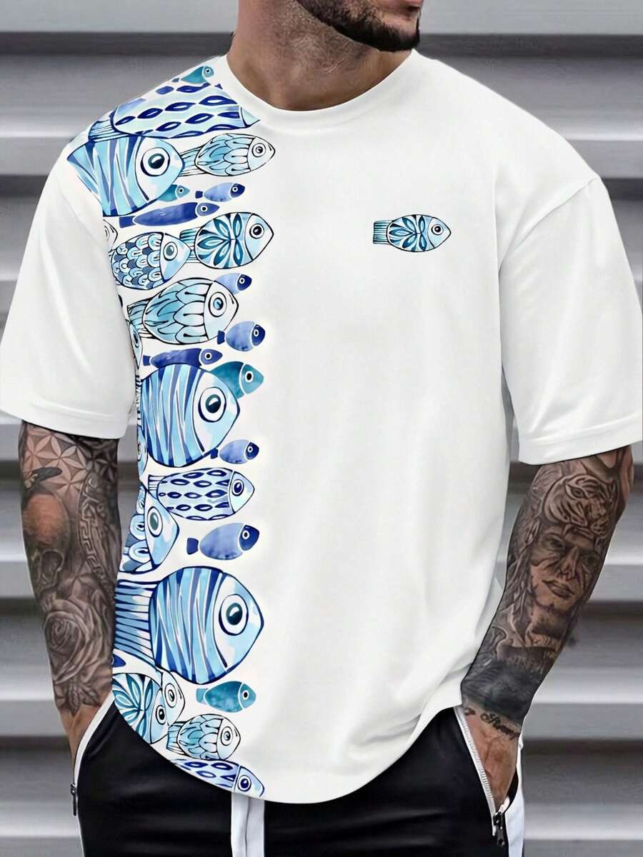 Men's Ocean Fish School Print Casual Short Sleeve Top - Multicolor - View 1