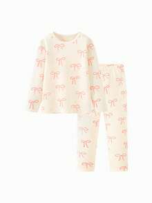 mini bala Young Girl Thermal Underwear Set, Soft & Antibacterial Fabric, Breathable, Cute Nordic Style Fall Winter Base Layer - Red and White - View 1