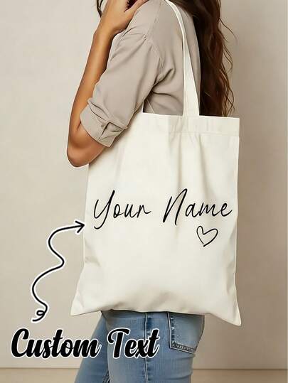 Customized Canvas Tote Bag, Shopping Bag, Lightweight And Foldable, Can Print Personalized Name, Solid Black And White Canvas Bag, Double-Layer Reinforced Handle, Convenient To Carry, Suitable For Business Travel, Work, School, Also Can Be Used As Birthday Gift