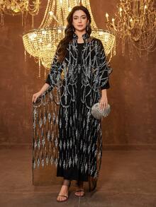 SUPGIR [Random Print] Women's Long Sleeve Sequin Patchwork Waist Tie Evening Dress - Black - View 5