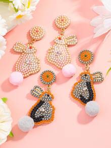 2Pairs Handmade Easter Bunny Seed Bead Dangle Earrings Set For Women, Glittery Rhinestone Grey-Orange & Pink-White Rabbit Drop Earrings With Pom Pom, Daily Party Vacation Easter Gift - Multicolor - View 6