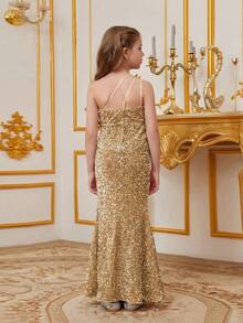 Vestido de fiesta de lentejuelas con un hombro y espalda abierta para niña preadolescente de estilo sirena - Champán - Ver 2