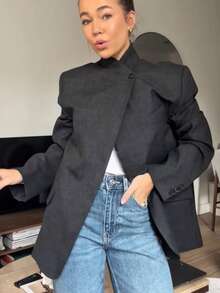 TF.MLN 女士纯色单排扣长袖西装外套，复古职业女士时尚立领大衣，秋冬季 - 深灰色 - 查看 5