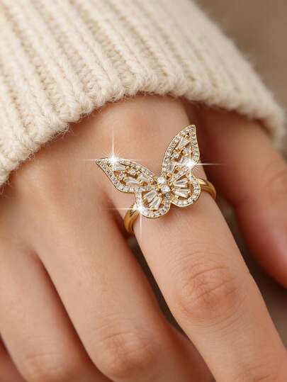 1 szt. Funky Butterfly Shape, pełna intarsja, pojedyncze pierścionki z cyrkonii sześciennej dla nastolatek, prezent urodzinowy, festiwalowy dla dziewcząt, codzienna dekoracja, biżuteria miedziana