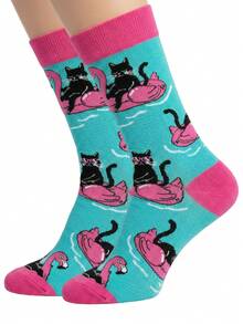 1双黑色猫咪和火烈鸟游泳图案男士中筒袜，春夏款 - 淺藍色 - 查看 8