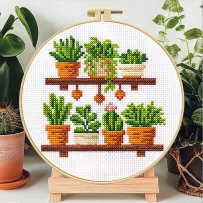 Cross Stitch Kit For Potted Plants, Round DIY Cross Stitch Set Includes Needles And Threads, Beginner Friendly, Indoor Plant Decor, Home Wall Decoration, INS Style