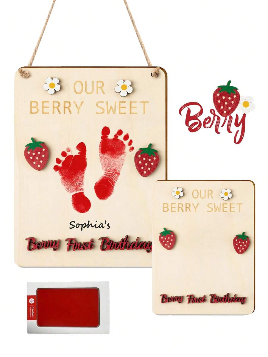 2pcs/1set - Baby First Birthday DIY Footprint/Handprint Hanging Decoration With 3D Berry Theme Wooden Strawberry Footprint Artwork, Newborn Commemorative Gift, Gender Neutral For Boys And Girls, Strawberry Theme First Birthday Decoration, First Birthday Photography Prop, Nursery Decor - Multicolor - View 1
