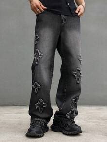 Pantalones cargo de estilo gótico grunge Y2K para hombres con parche de pentagrama, pierna recta con bolsillos, ajuste holgado casual, jeans de ropa de calle - Negro - Ver 1