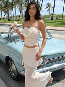 Women's Elegant Cream Textured Strapless Crop Top & Midi Skirt Two Pieces Set, Chic Sexy Summer Vacation Outfit, Minimalist Beach Wear - Apricot - View 1