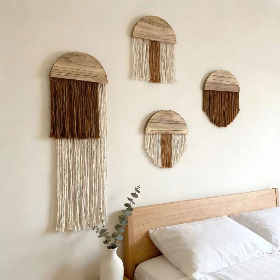 1件套手工编织挂毯，波西米亚风格墙面装饰挂毯，半圆形木板流苏纤维艺术墙毯，适用于客厅、卧室、床头背景墙 - 彩色 - 查看 1
