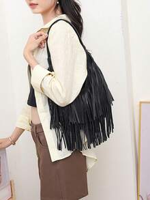 Fashionable Tassel Handbag, Solid Color Soft Leather Personalized Stylish Shoulder Bag For Women - Black - View 5