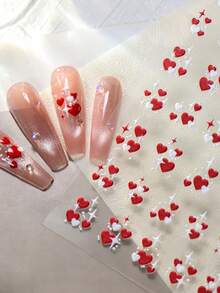 2Sheets 3D Valentine' S Day Heart Nail Art Sticker,2pcs Red White Cross Stars Self-Adhesive Nail Decals,Res Love 3D Women DIY Y2K Kawaii Heart Nail Stickers - Multicolor - View 5