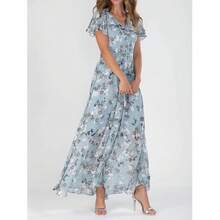 New Beach Flared Long Dress Chiffon Floral Short Sleeve Ruffle V-Neck Fashion Waist-Cinching Dress - Light Blue - View 6