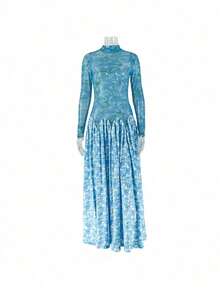 Women's Dresses European American Style Printed Patchwork Slightly Sheer Fresh A-Line High Neck Stretchy Slim Fit Long Sleeve Dress - 藍色 - 查看 5
