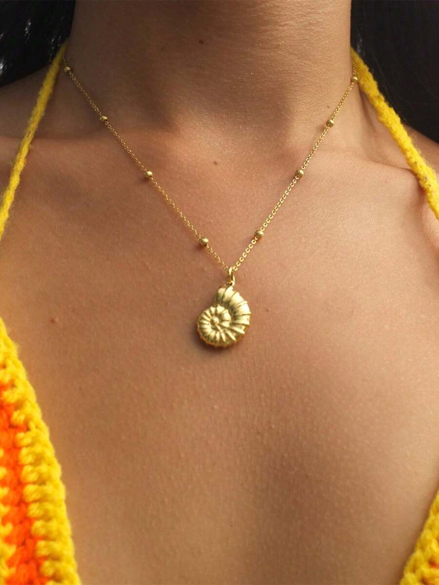 不锈钢防水防褪色海洋风沙滩饰品,海洋生物贝壳项链,适合女性日常佩戴 - 海螺項鍊 - 查看 1