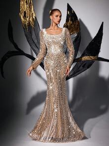 Elisanya Elegant Women's Long Formal Dress, Square Neck Long Sleeve, Decorated With Pearl Beads And Sequins, Fishtail Hem, Woven Fabric Evening Gown Party - Champagne - View 3