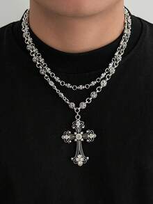 2 piezas Collares con colgante de cruz, regalo de joyería para familia, amigos y compañeros de clase - Plata antigua - Ver 2