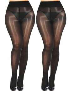 2双女士时尚性感亮面丝袜，适合日常穿着 - 黑色 - 查看 1